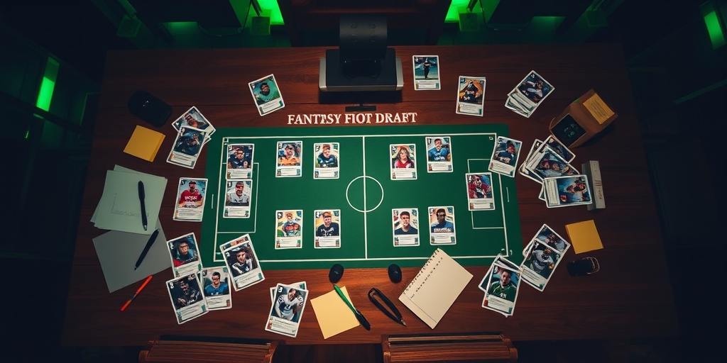 Fantasy football draft board with scattered player cards