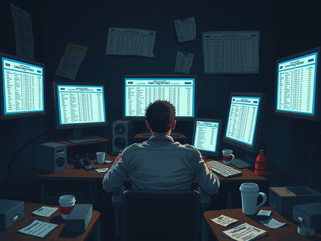 A fantasy football analyst sits alone in a dark room surrounded by seven glowing monitors full of spreadsheets, stats, and rankings, looking completely unhinged
